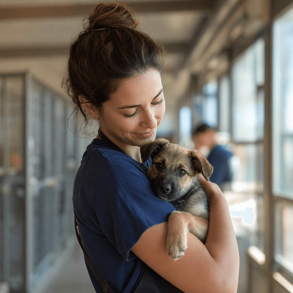 Volunteer holding a puppy at a shelter