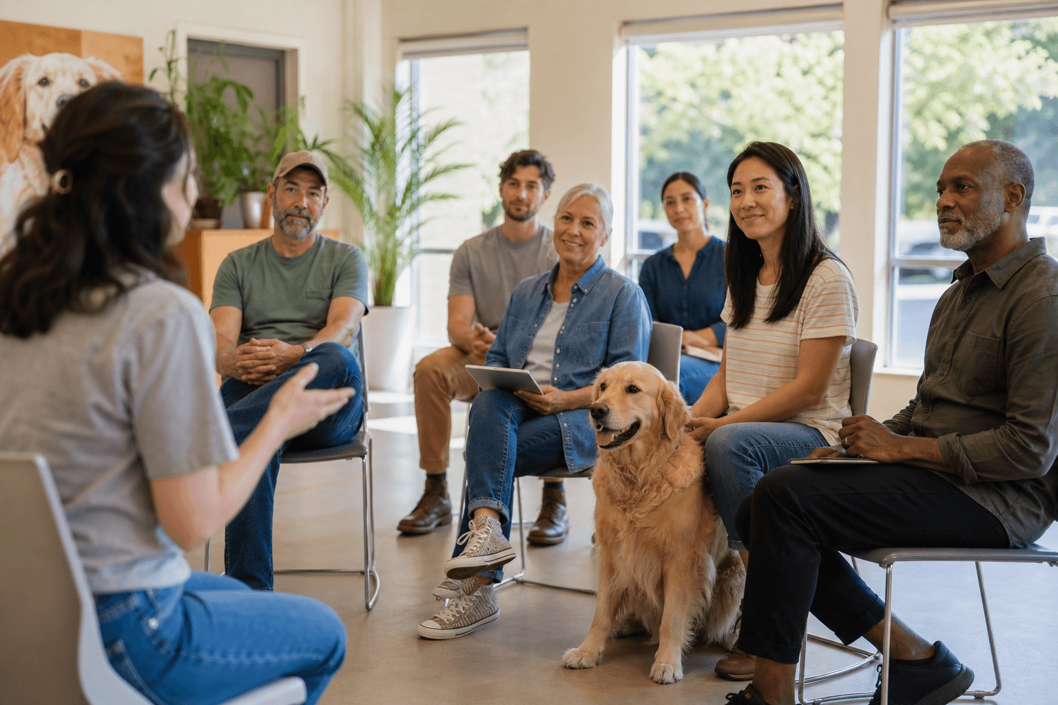 Community education event with a golden retriever
