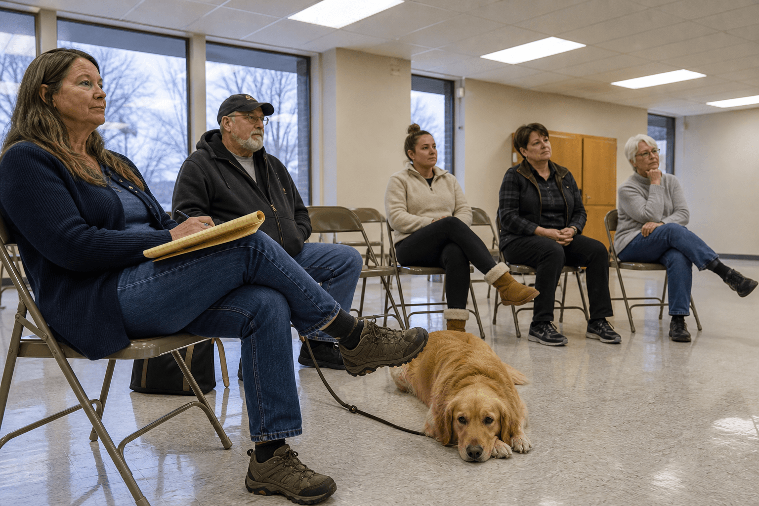 Community pet education workshop with golden retriever