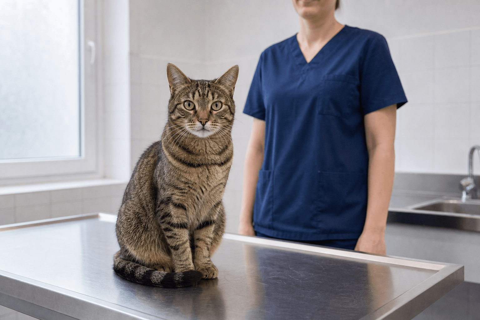 Tabby cat on exam table with veterinarian