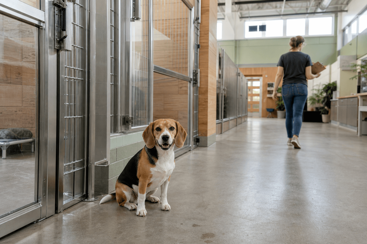 Beagle sitting in a modern animal shelter hallway