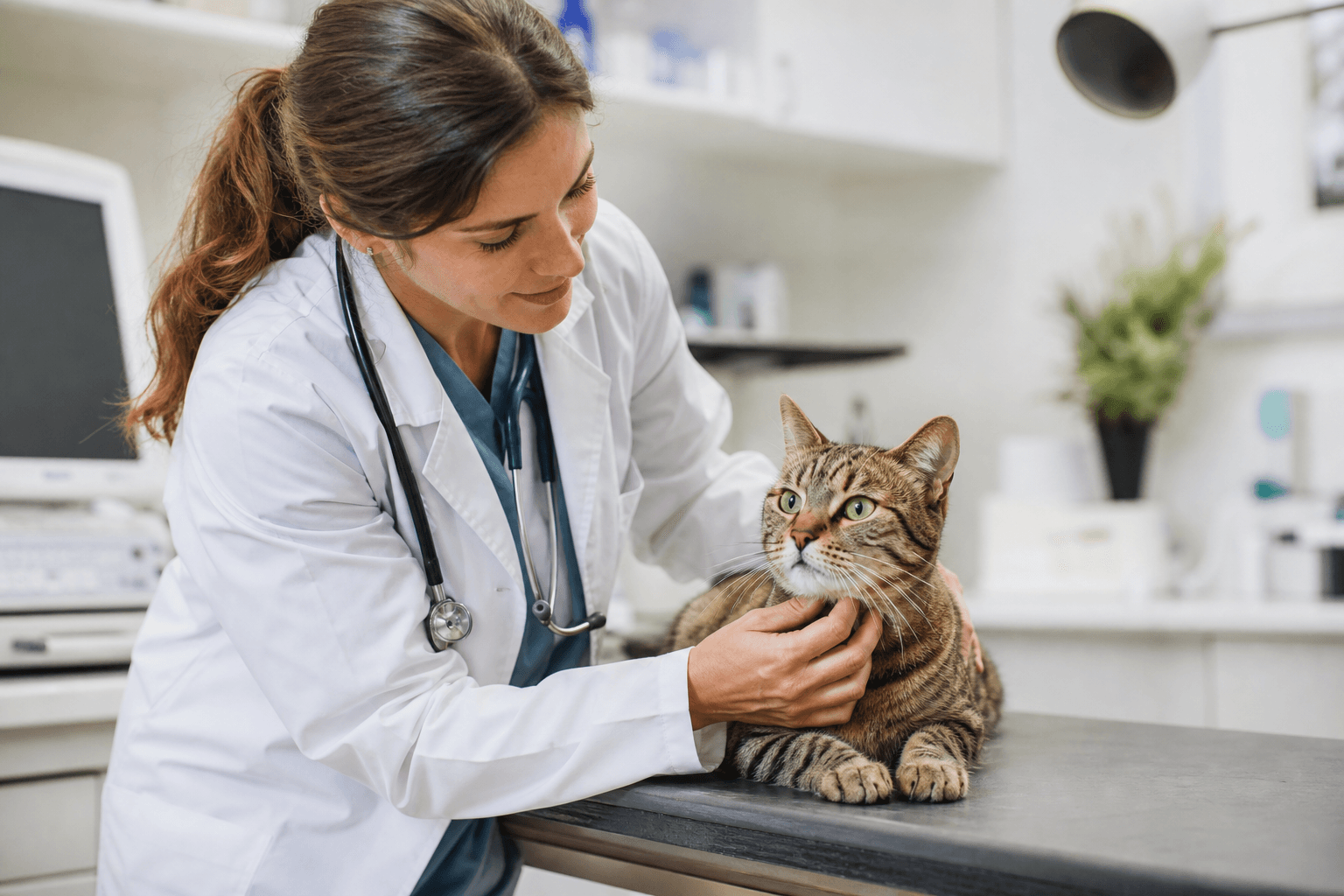 Veterinarian examining a cat